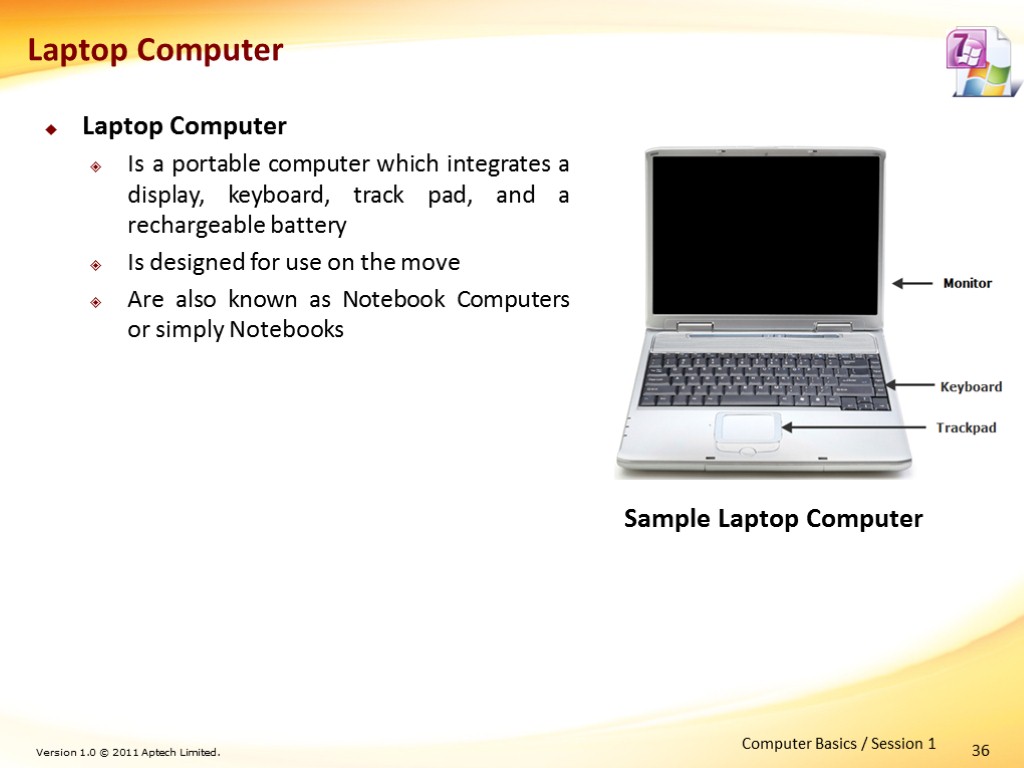 Laptop Computer Is a portable computer which integrates a display, keyboard, track pad, and